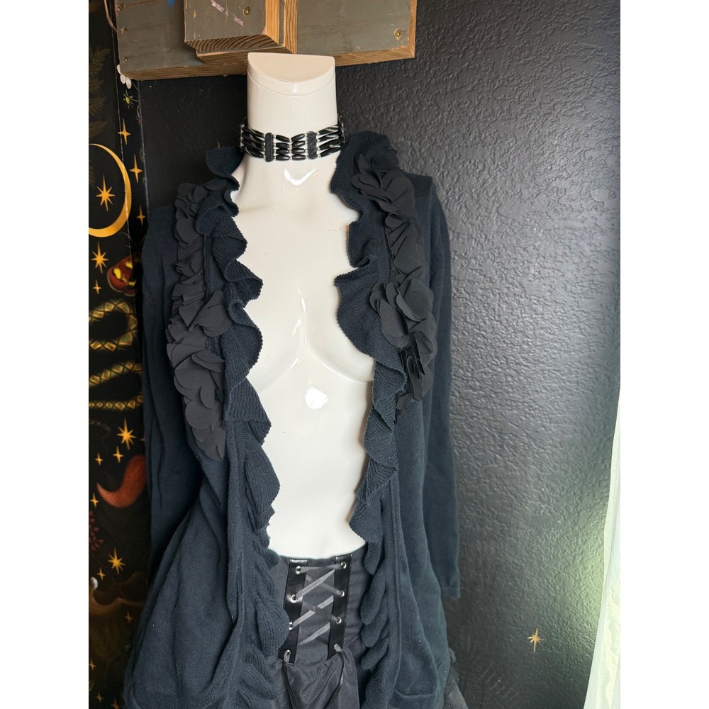Hampshire Studio Black Cotton Ruffle Petal Open Front Cardigan Sweater Womens L